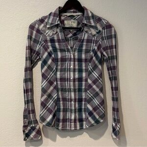 GUESS 1981 Western Plaid Lace Shoulder Button Down Shirt XS